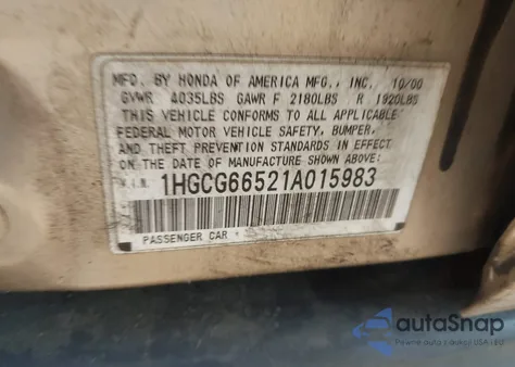 2001 Honda Accord 2.3 Lx из США, поврежденный, VIN 1HGCG66521A015983